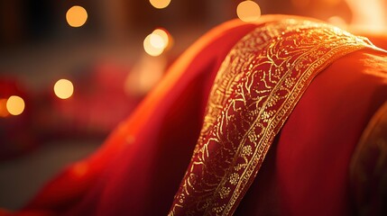 Obraz premium Traditional saree fabric close-up at a cultural celebration with bokeh lights in a warm setting