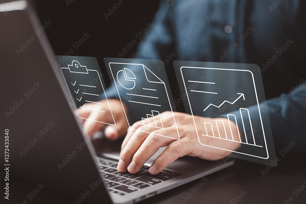 Aufkleber The computer generates a report with charts and documents, outlining procedures for better analysis and organization.