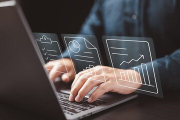 Obraz premium The computer generates a report with charts and documents, outlining procedures for better analysis and organization.