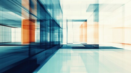 Abstract modern architecture interior with glass walls and orange accents.