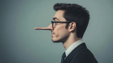 Man with exaggerated nose in business attire demonstrates concept of dishonesty and deception during a studio portrait session