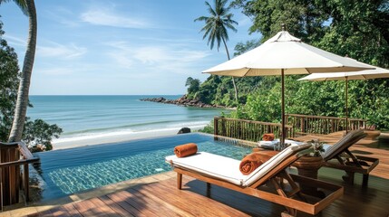 Premium oceanfront retreat, exclusive villa poolside, sophisticated sun loungers. No people no text