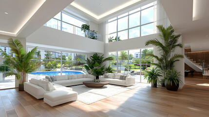 Fototapeta premium Luxurious villa living room, pool view, sunny day, interior design