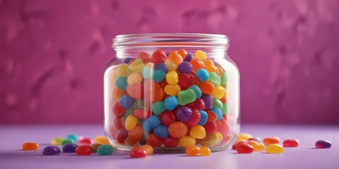 Colorful jelly candies in a glass jar with a colorful background and a lid on top, glass, sugary treats