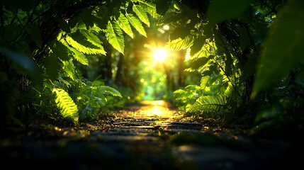 Obraz premium Sunlit path through lush green forest; peaceful nature scene