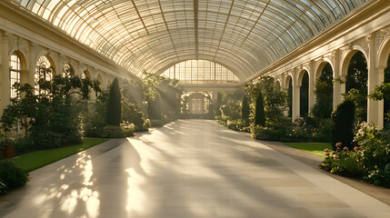 Palm House Illuminated by Sunlight in a Botanical Garden Conservatory Dreamy Interior Scene.
