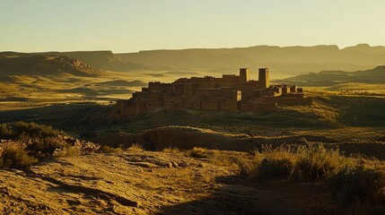 Fototapeta premium Sunset view of ancient stone village in desert valley.
