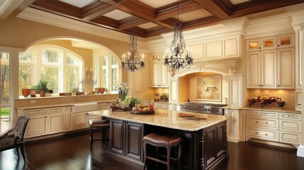 Fototapeta premium A traditional-style kitchen with an organized cooking area ensuring a positive atmosphere