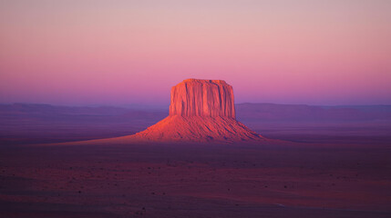 A vast desert plain with a lone sandstone monolith in the foreground, illuminated by the golden hues of dawn