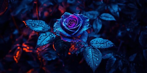 Water droplets on a neon rose with dark leaves in the background. Beauty shot for decoration