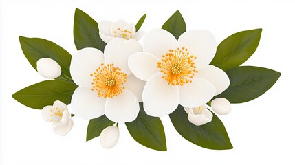 Fototapeta premium Delicate White Jasmine Blossoms with Vibrant Yellow Centers Surrounded by Lush Green Leaves