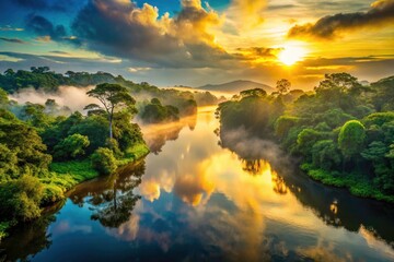Aerial view of the Amazon: a panoramic sunrise mist reveals breathtaking rainforest scenery and scenic beauty.