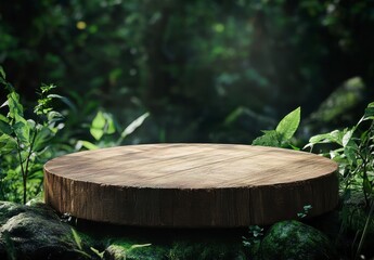 Rustic Wooden Pedestal Surrounded by Lush Greenery in Forest Setting