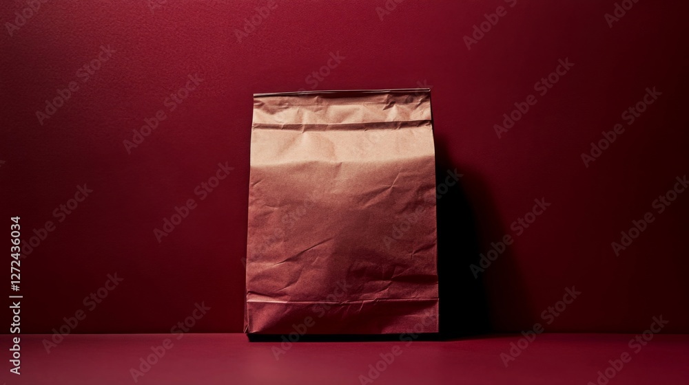 Poster paper bag package isolated on red background with simple style and shadow