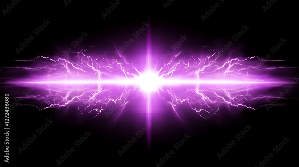 Poster purple electricity discharge with bright flash and sharp sparkles in abstract design power backgroun