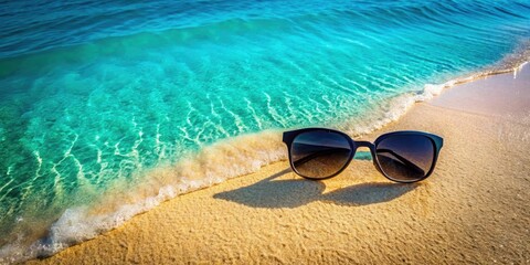 Obraz premium Aerial view: sunglasses rest on golden sand, turquoise ocean stretching to the horizon. Summer bliss.