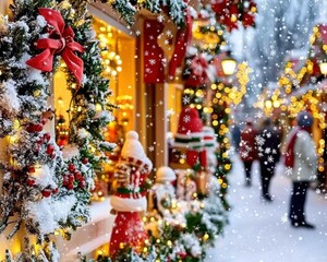 Fototapeta premium Winter market with Christmas decorations and snow. Festive atmosphere with people walking