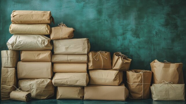 Stacked Brown Paper Parcels Tied with String Against Textured Green Backdrop