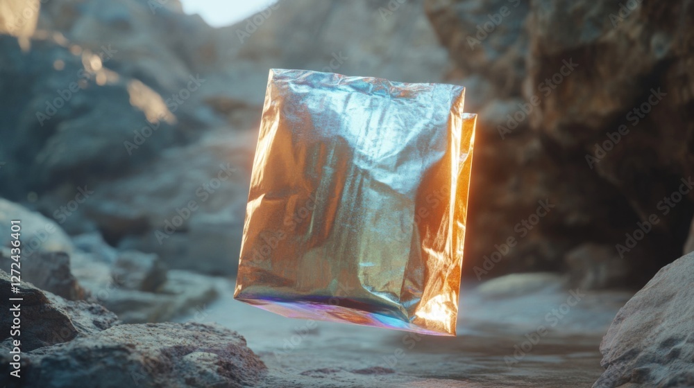 Poster iridescent metallic cube hovering on rocky terrain against mountain backdrop