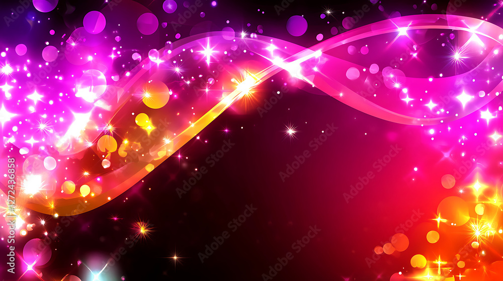 Poster radiant twinkling stars and dynamic flowing curves design with vivid fuchsia and golden tones palett