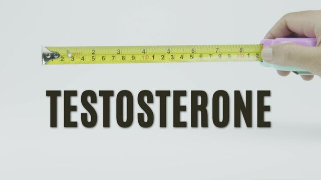 "Testosterone" text with a yellow tape measure on a white background, symbolizing precision, accuracy, and hormonal measurement in a clean, minimal video