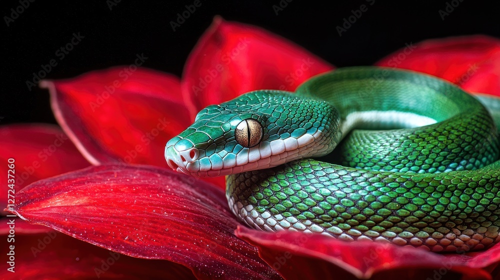 Poster green tree python coiled on red flower.