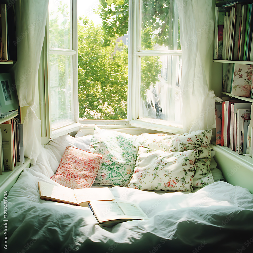 Poster relaxing reading nook with books pillows and natural light streaming through open window tranquility