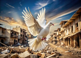 Amidst battlefield destruction, a dove's wings embody hope, a fragile peace emerging from the ashes of war.