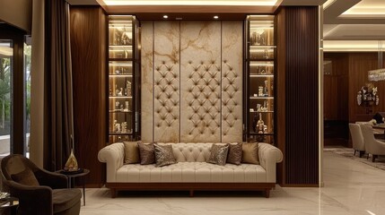 A well-organized living space with a modern sofa and an elegant display cabinet showcasing decor