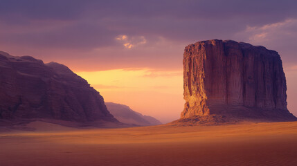 A vast desert plain with a lone sandstone monolith in the foreground, illuminated by the golden hues of dawn
