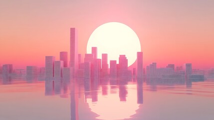 Obraz premium Pink Cityscape Silhouette at Sunset Over Water