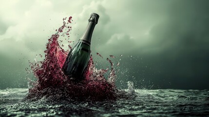 Fototapeta premium Red wine bottle splashing in dark water.