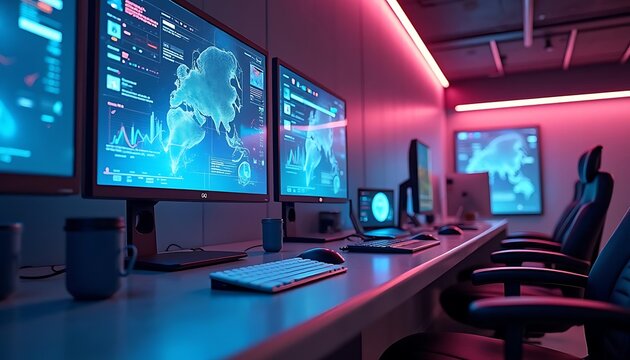Global Network Monitoring Center: High-Tech Cybersecurity Command Room - Powered by Adobe