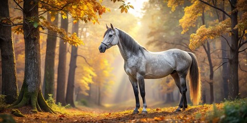 Majestic Grey Horse in Autumn Woods - Peaceful Equestrian Scene