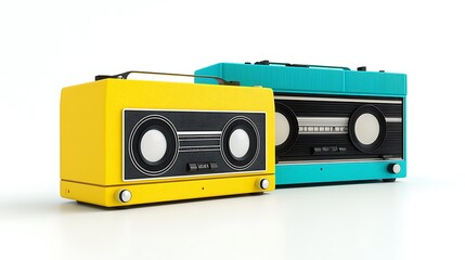Fototapeta premium Vintage Radio Set Featuring Bright Yellow and Aqua Color Designs