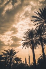 Obraz premium Palm trees silhouetted against the sunset sky with a modern skyline in the background