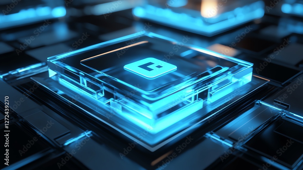 Aufkleber light blue glowing cube on a digital surface with intricate design elements after dark
