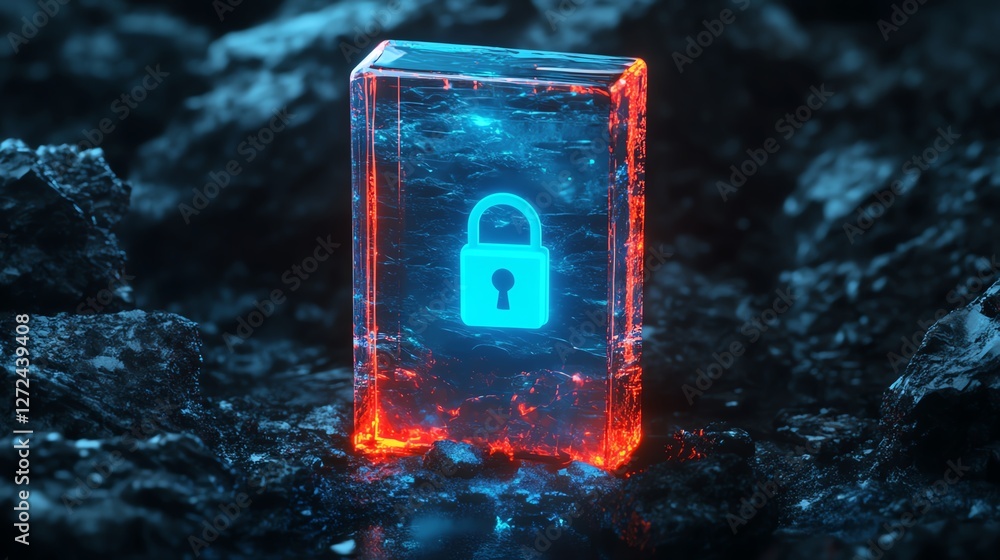 Poster digital lock glowing within a translucent stone structure illuminated by blue and orange light in a 