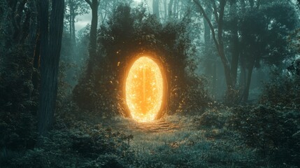 Fototapeta premium Magical Portal Opening in Forest, Mysterious Adventure