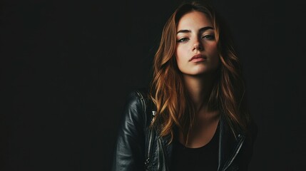 Fototapeta premium Attractive Woman Posing Confidently in Leather Jacket on Dark Backdrop
