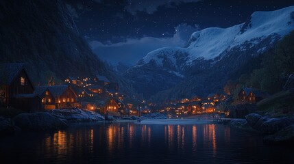 Night scene of a village nestled in a snowy mountain valley, illuminated by warm lights reflecting on a calm lake.