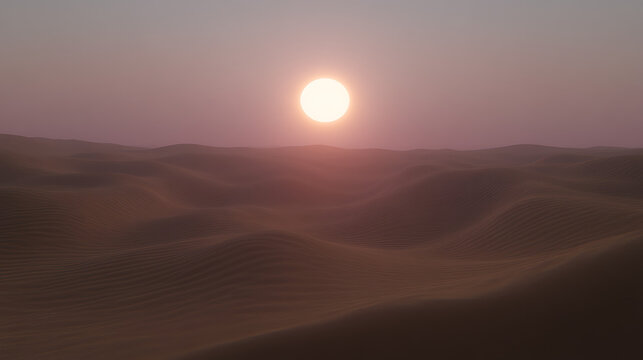 Serene Desert Landscape Featuring Sunball in the Sky with Rippling Sand Dunes at Sunset Time.