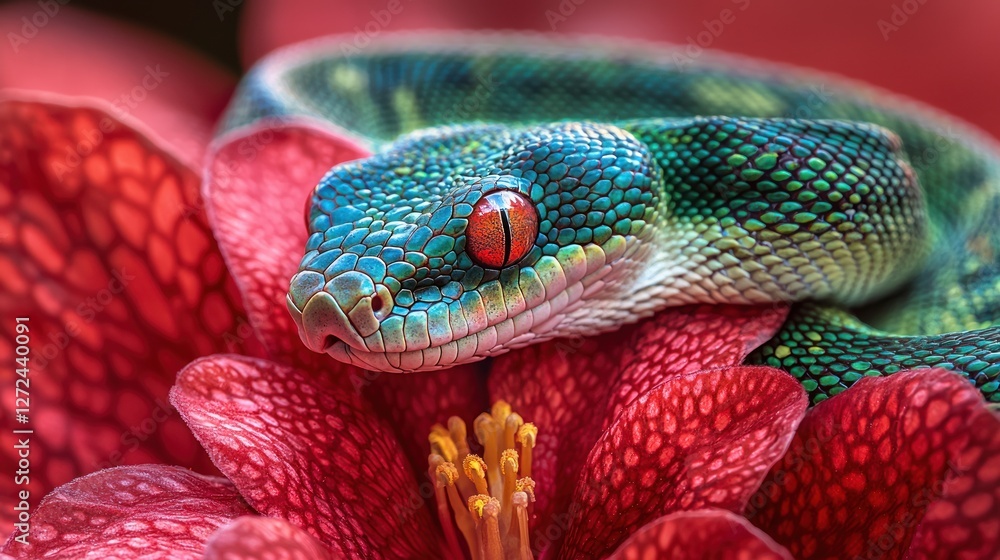 Aufkleber green tree python resting on a red flower.