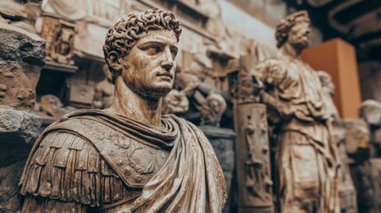 Roman Emperor Marble Statue Amidst Ancient Ruins - Echoes of Rome