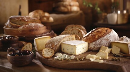 Fototapeta premium Rustic Feast of Bread and Cheese on Wooden Tabletop