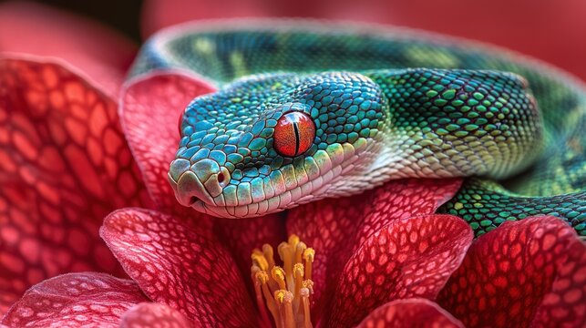Green tree python resting on a red flower.