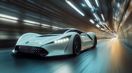 Sleek white sports car racing through a futuristic tunnel at high speed during nighttime