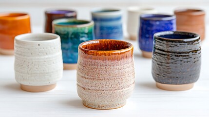 Colorful Ceramic Mugs Displayed on White Wooden Surface
