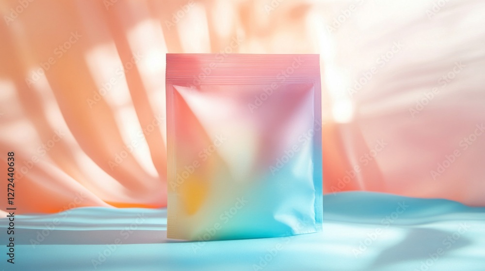 Poster gradient pouch mockup on textured surface with soft lighting and shadows