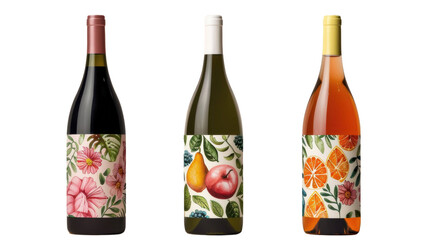 Three elegantly designed wine bottles with floral and fruit patterns against a clean background